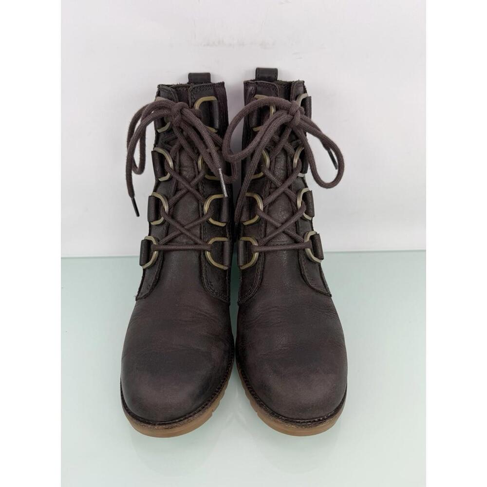 Sorel Cate Lace Bootie Dark Brown Leather Ankle Boots Block Heel Sz 6 Heritage - Picture 2 of 9